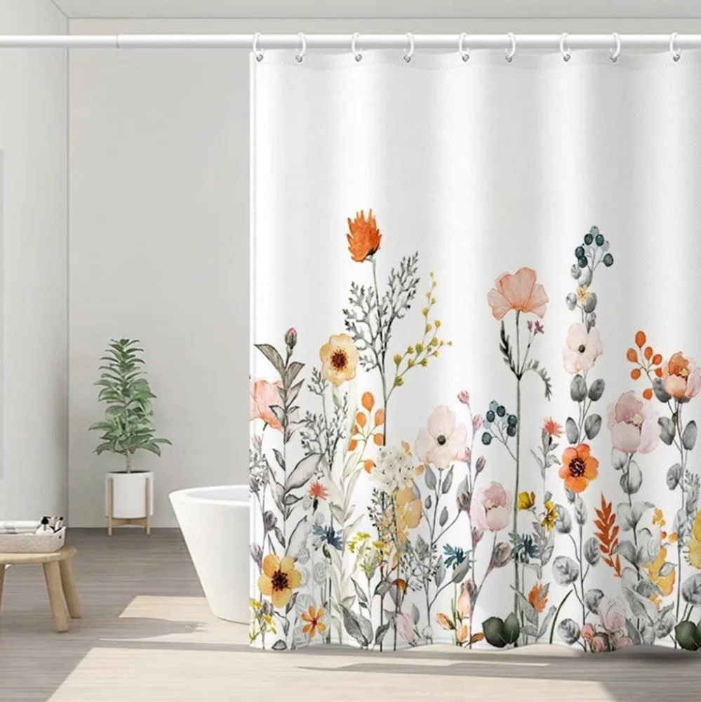 Shower Curtain, Fabric Shower Curtain Lined Floral White Shower waterproof